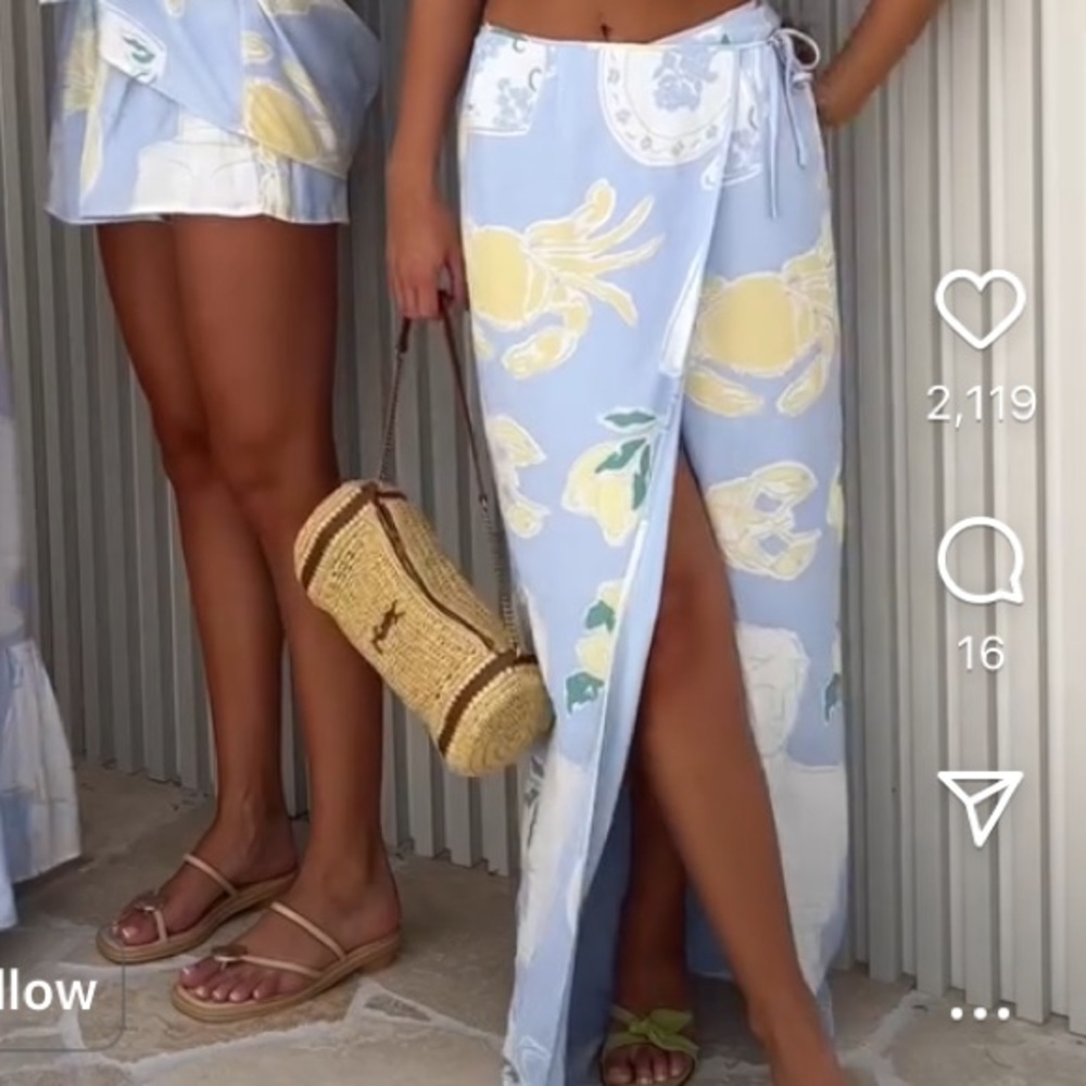 Light Blue Floral Wrap Midi Skirt with Yellow Accents